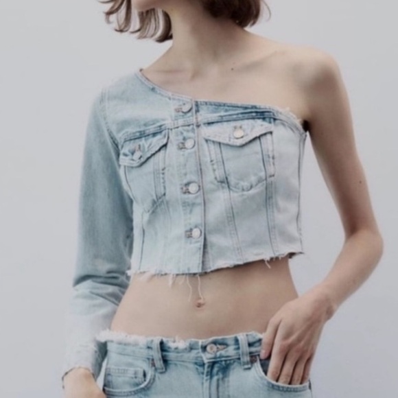 Zara Light Blue Asymmetric Trf Denim One Shoulder Jean Top/Jacket - Picture 2 of 6